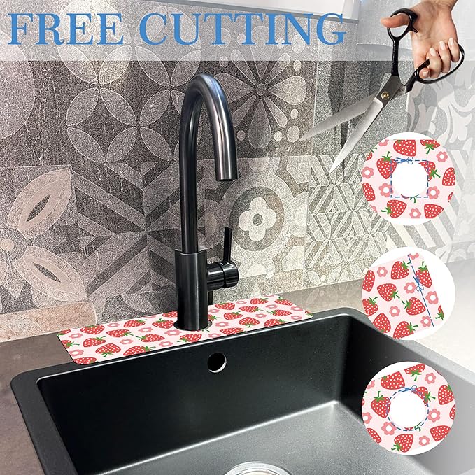 Faucet Mat for Kitchen Sink Beautiful Strawberry Flower, Soft Diatom Mud Material, Strong Water Absorption, Non-slip, Easy to Clean for Bathroom, Kitchen 15"X5.5"