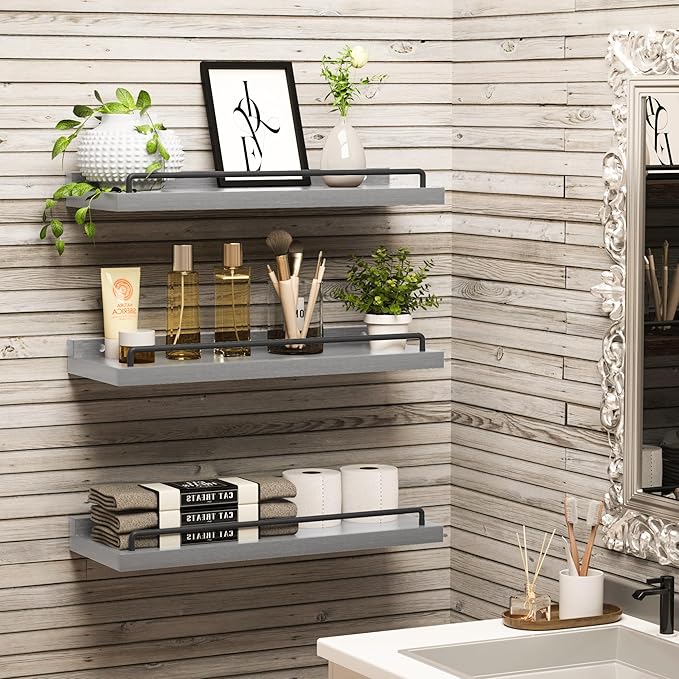 Floating Shelves for Wall Decor, Grey Shelves for Bathroom, Living Room, Bedroom, Picture Frames, Plants, Kitchen (Set of 3)