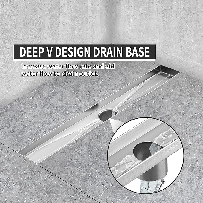 Linear Shower Drain 24 inch, Floor Drain with Removable Pattern Grate, 304 Stainless Steel Rectangular Linear Drain with Hair Strainer, CUPC Certified, Brushed Nickel, SD-104