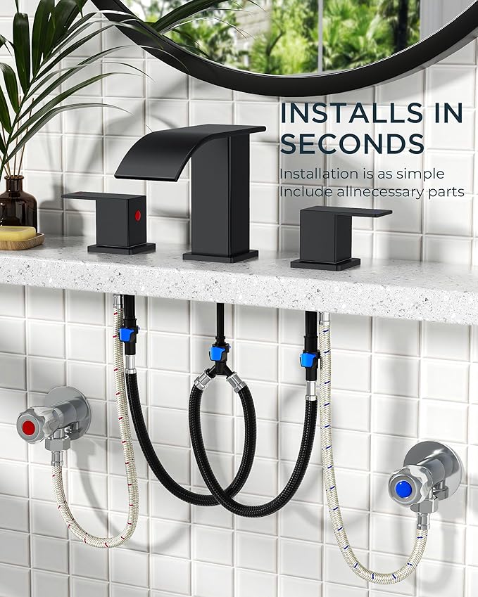 FORIOUS Square Matte Black Bathroom Faucets 3 Hole, Waterfall 8 Inch Widespread Bathroom Sink Faucet with Metal Pop-up Drain and Supply Lines, Two Handles for Vanity, RV, Farmhouse