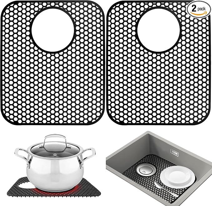 Sink Protectors for Kitchen Sink,2 PCS Silicone Kitchen Mat 13.58"x11.6",Non-Slip Bottom Guard Compatible with Farmhouse/Stainless Steel/Porcelain(Black, Rear Drain)
