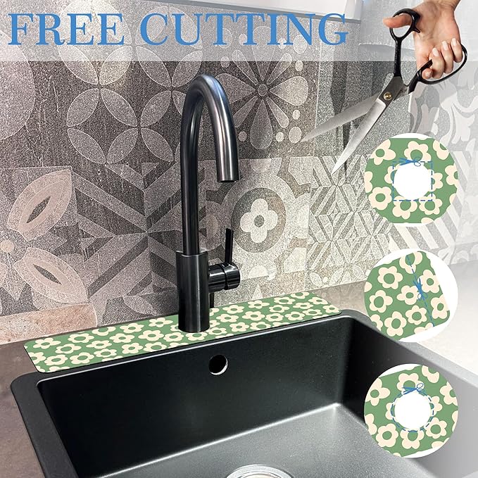 Faucet Mat Splash Guard Groovy Flower Silhouette, Soft Diatom Mud Material, Strong Water Absorption, Non-slip,Easy to Clean for Bathroom, Kitchen 23.5"X5.5"