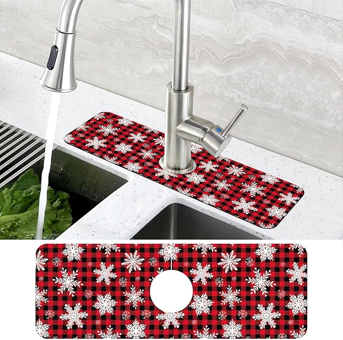 Christmas Snowflake Kitchen Sink Splash Guard Mat Buffalo Plaid Absorbent Fast Drying Mat Faucet Draining Mat Sink Splash Guard Behind Faucet Drip Catcher for Kitchen Bathroom 5.5"×15"