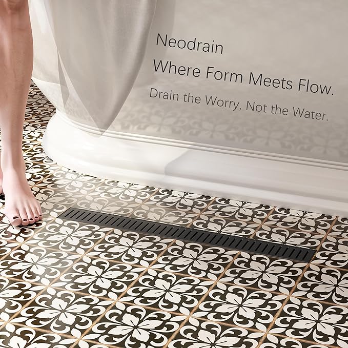 Neodrain 28" Matte Black Bathroom Linear Shower Drain with Removable Capsule Pattern Grate, 304 Stainless Steel Shower Floor Linear Drain- CUPC Certified with Hair Strainer