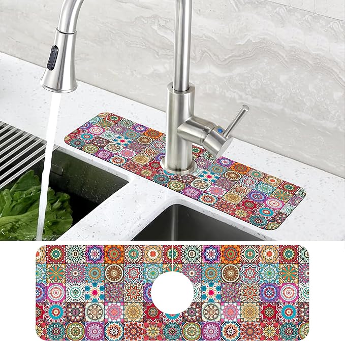 Faucet Draining Mat For Kitchen Sink Mexican Tiles Diatom Mud Absorbent Drain Pad For Bathroom Kitchen Sink Splash Guard Drying Mat 5.5"×15"