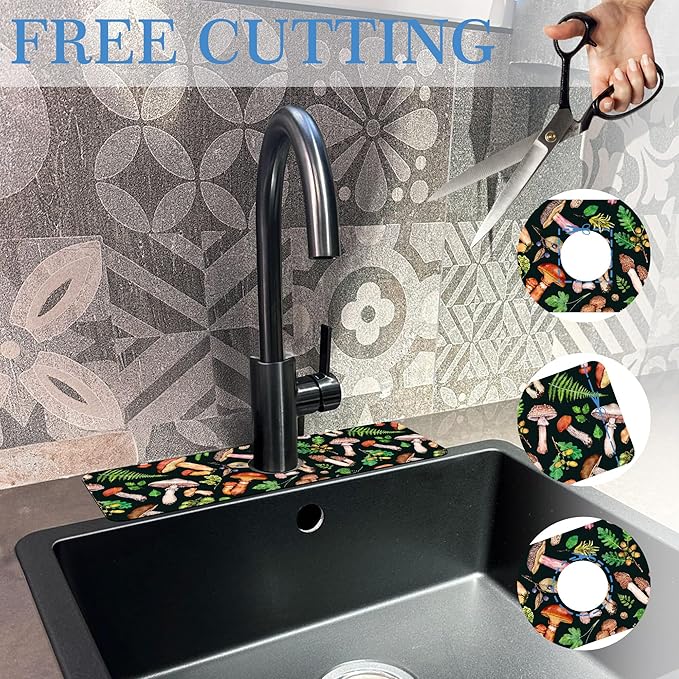 Mushroom Fern Leave Acorn Faucet Mat for Kitchen Sink Watercolor Forest, Soft Diatom Mud Material, Strong Water Absorption, Non-slip, Easy to Clean for Bathroom, Kitchen 15"X5.5"