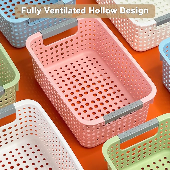 Soddeph 4 Pack Fully Hollow Plastic Organizer Basket with Handles, Multi-Purpose Organizer for Under Bathroom Sink,Kitchen Cabinet, Ideal for Toiletries (Green, Small)
