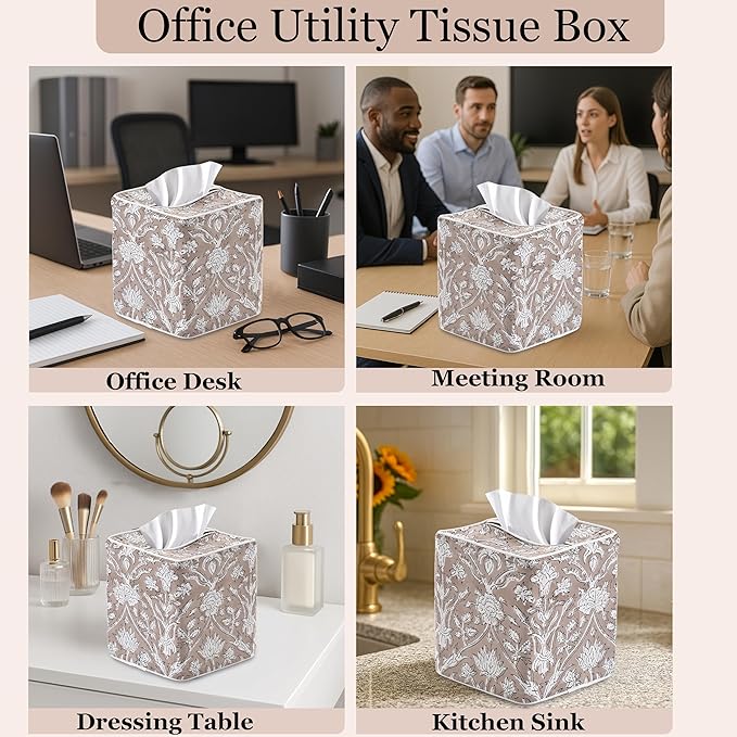 Ridhi Taupe Block Print Tissue Box Cover Handmade Cotton Fabric Decorative Square Napkin Holder for Home Bedroom Living Room Bathroom Vanity Countertop Car Night Stands Office Kitchen