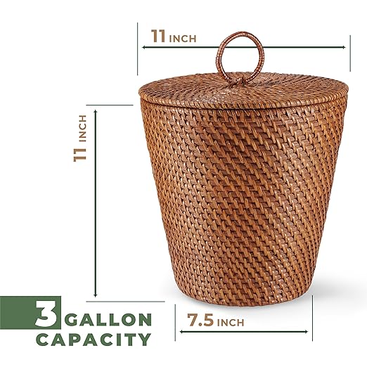 3 Gallon Rattan Trash Can with Lid and Liner - Wicker Trash Can for Bathroom, Bedroom, Kitchen, Living Room