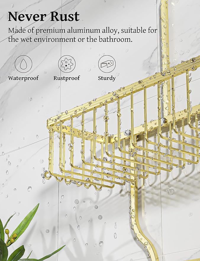 YASONIC Never Rust Shower Caddy Hanging Organizer - Aluminum Over-the-Showerhead Rack With 10 Hooks for Razor/Sponge and Soap Basket - Gold