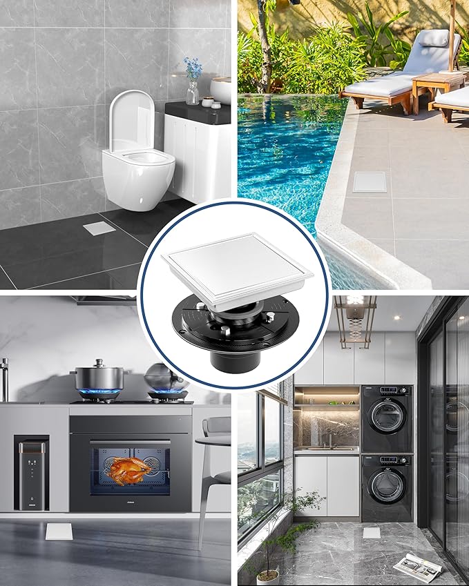 6 Inch Square Shower Drain with Flange Reversible 2-in-1 Cover Tile Insert Grate SUS 304 Stainless Steel, Hair Catcher, Anti-Clog, Rust-Resistant, Fast Drainage (Brushed)
