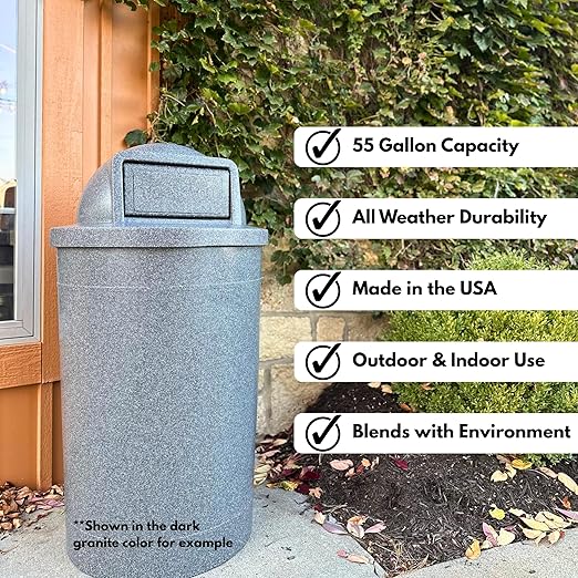 Campus Collection 55 Gallon Round Heavy-Duty Plastic Commercial Outdoor or Indor Trash Can with Push Open Dome Lid and Internal Liner | Great for Schools and Businesses - Brown Granite