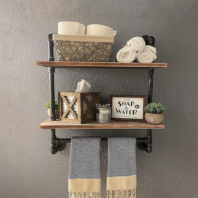 MBQQ Shelving Bathroom Pipe Shelves with Towel Bar Over Toilet, 24 inch Pine Wood Floating Shelves for Wall Mounted Bedroom,Kitchen, Farmhouse, Living Room