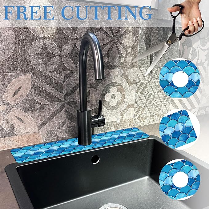 Mermaid Fish Scale Wave Faucet Mat Splash Guard Scale Texture, Soft Diatom Mud Material, Strong Water Absorption, Non-slip,Easy to Clean for Bathroom, Kitchen 23.5"X5.5"