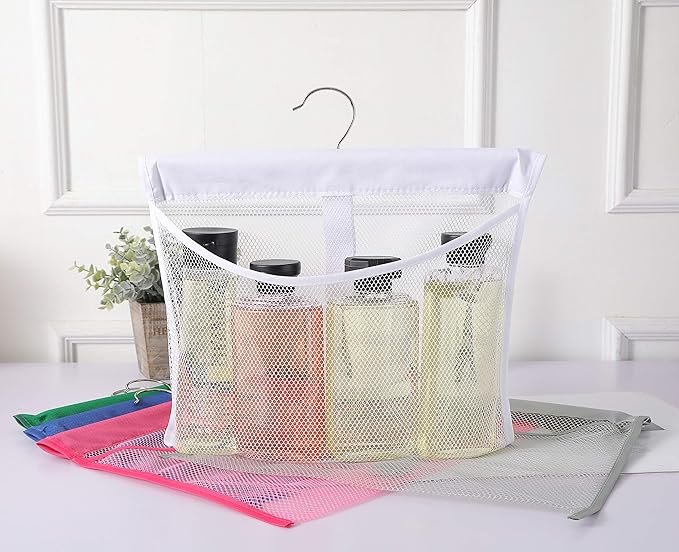 Portable Mesh Pocket with Rotatable Hanger, Quick Dry Serial Type Bath Storage Organizers for Travel, Camper, RV, Gym, Cruise, Cabin, College Dorm Shower(White)