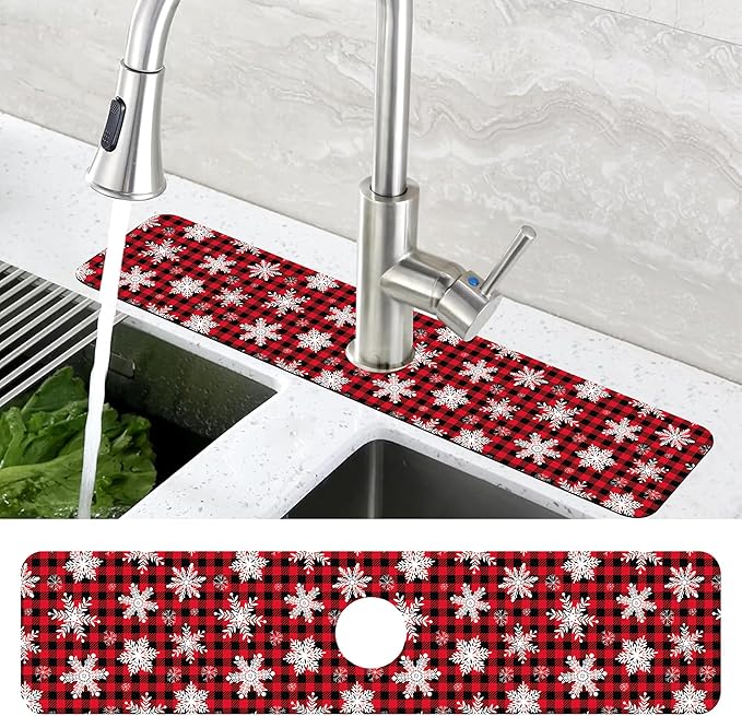 Christmas Snowflake Kitchen Sink Splash Guard Mat Buffalo Plaid Absorbent Fast Drying Mat Faucet Draining Mat Sink Splash Guard Behind Faucet Drip Catcher for Kitchen Bathroom 5.5"×24"