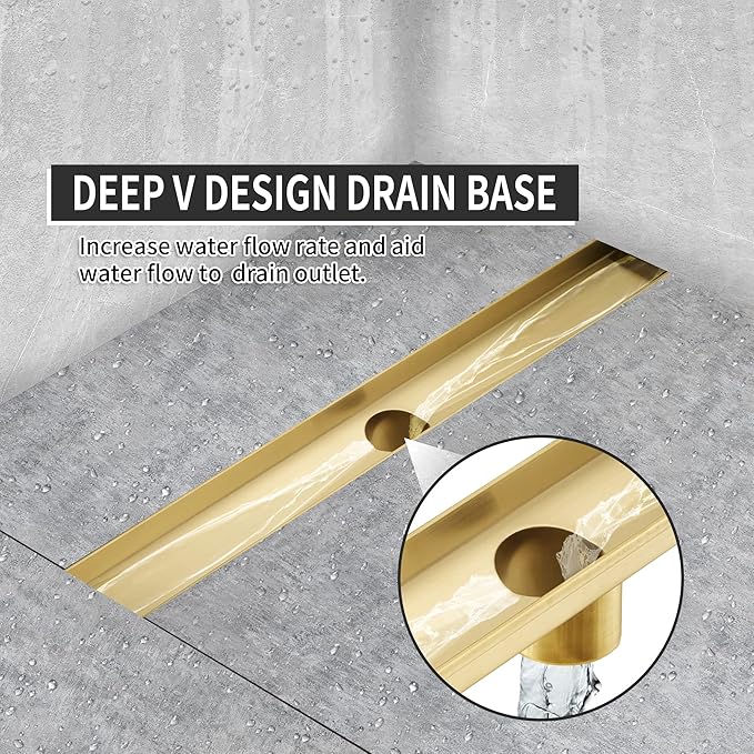 Linear Shower Drain 36 inch, Floor Drain with Removable Pattern Grate, 304 Stainless Steel Rectangular Linear Drain with Hair Strainer, CUPC Certified, Brushed Gold, SD-104