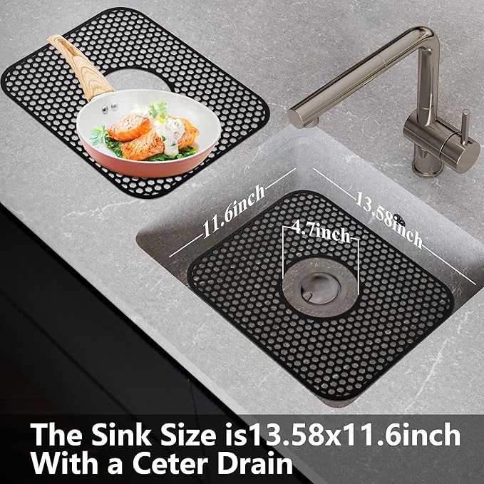Sink Protectors for Kitchen Sink,2 PCS Silicone Kitchen Mat 13.58"x11.6",Non-Slip Bottom Guard Compatible with Farmhouse/Stainless Steel/Porcelain(Black, Ceter Drain)