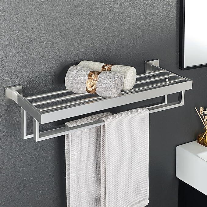 Alise Towel Rack with Double Towel Bars 24 Inch Towel Racks for Bathroom Wall Mounted,Bathroom Towel Holder Square Towel Hanger,SUS304 Stainless Steel Towel Shelf with Towel Bar,Brushed Nickel