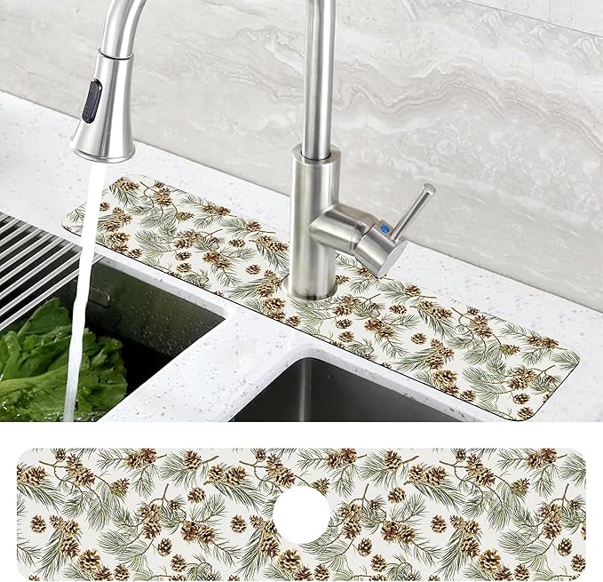 Abstract Pine Cones Sink Faucet Absorbing Mat Splash Guard Behind Faucet Sink Mat Absorbent Fast Drying Faucet Draining Mat for Bathroom Kitchen 5.5"×24"