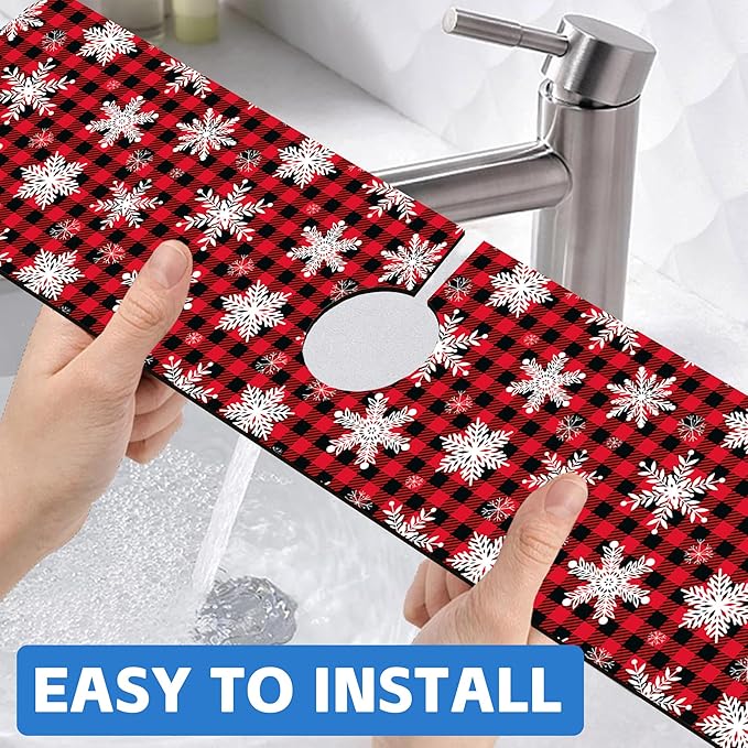 Christmas Snowflake Kitchen Sink Splash Guard Mat Buffalo Plaid Absorbent Fast Drying Mat Faucet Draining Mat Sink Splash Guard Behind Faucet Drip Catcher for Kitchen Bathroom 5.5"×24"