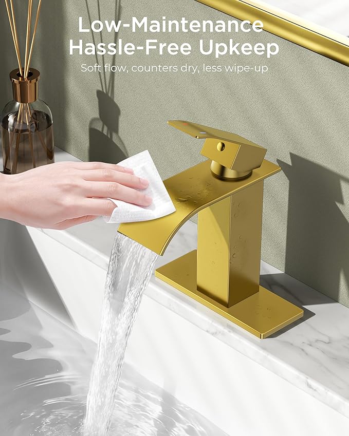 FORIOUS Brushed Gold Waterfall Bathroom Faucets 1 or 3 Hole, Vanity Single Bathroom Sink Faucet with cUPC Supply Line and Pop Up Drain, Suitable for Basin, Rv, Restroom Sink