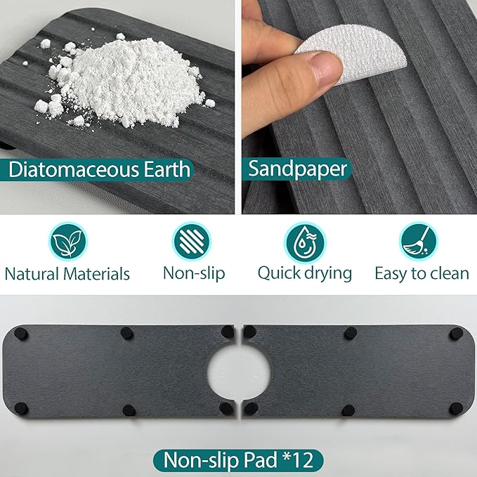 Faucet Mat for Kitchen Sink - 19.7 x 4inch Faucet Splash Guard for Bathroom Counter, Absorbent Diatomite Mat, Fast Drying Stone Sink Tray, Prevents Moisture Buildup, Dark Gray