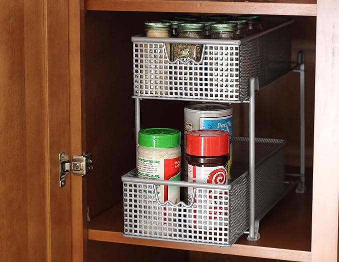 DecoBrothers 2 Tier Bathroom Storage Organizer with Pull-Out Drawer, Silver
