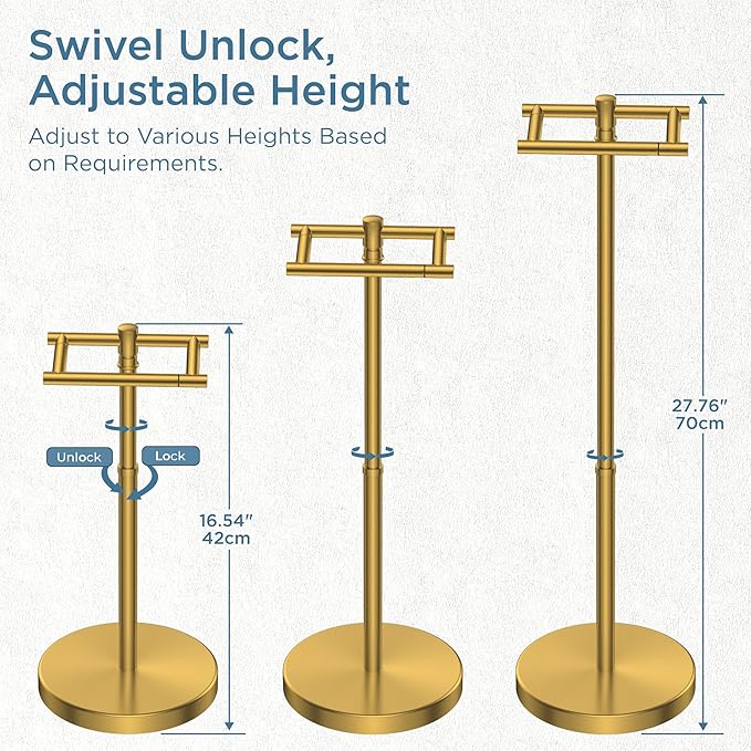 Toilet Paper Holder Stand Adjustable, Freestanding Tissue Roll Holder for Bathroom, Pivoting Design, Durable SUS 304 Stainless Steel and Weighted Base Toilet Paper Stand, Storage (Brushed Gold)