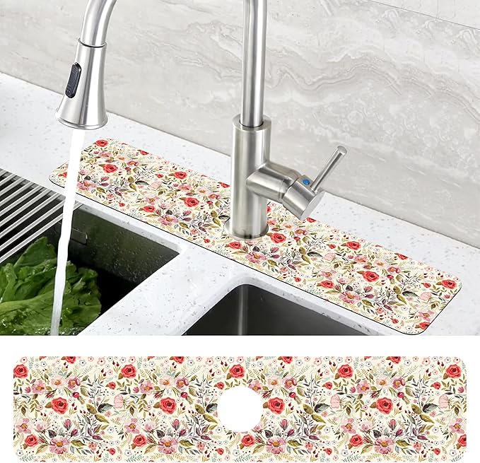 Abstract Red Pink Floral Dish Drying Mat for Kitchen Sink Splash Guard Behind Faucet Sink Mat Absorbent Fast Drying Faucet Draining Mat for Bathroom Kitchen 5.5"×24"