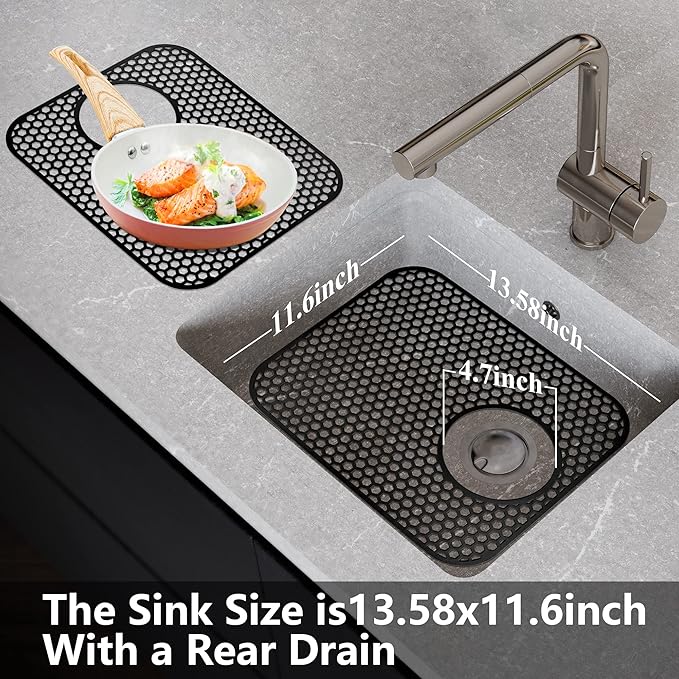 Sink Protectors for Kitchen Sink,2 PCS Silicone Kitchen Mat 13.58"x11.6",Non-Slip Bottom Guard Compatible with Farmhouse/Stainless Steel/Porcelain(Black, Rear Drain)