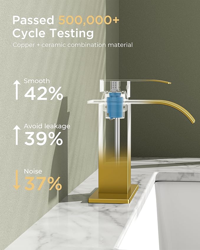 FORIOUS Brushed Gold Waterfall Bathroom Faucets 1 or 3 Hole, Vanity Single Bathroom Sink Faucet with cUPC Supply Line and Pop Up Drain, Suitable for Basin, Rv, Restroom Sink