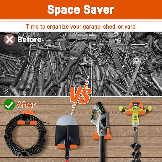 Garage Organizer Trimmer Rack, 2 Pack Weed Eater Hanger for Wall, Tool Hanger Weed Whackers Holder Wall Mounted for Grass Trimmer, Hedge Trimmer, Garage Trimmer, Garden Tools, Orange