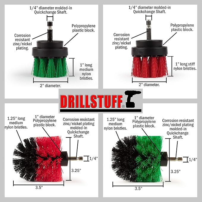 4-Piece Cordless Drill Scrub Brush Attachment Kit, Medium Green and Stiff Red Versions, Stainless Steel Handle