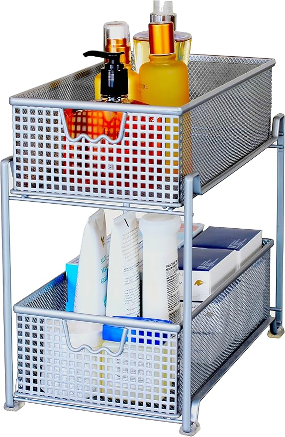 DecoBrothers 2 Tier Bathroom Storage Organizer with Pull-Out Drawer, Silver