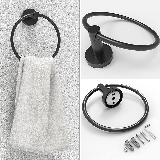 Matte Black Toilet Paper Holder & Towel Ring SUS304 Stainless Steel 2pc Bathroom Hardware Set with Double Post Pivoting Toilet Paper Roll Holder Wall Mount & Bathroom Towel Holder Set