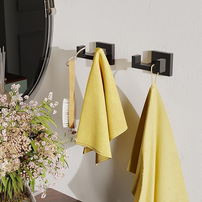 Ruacq Double Towel Hooks for Bathrooms, Heavy Duty Stainless Steel Square Bathroom Hooks, Wall Mounted Towel Hanger for Robe & Coat, Ideal for Kitchen, Bedroom, and Hotel Use(Matte Black)