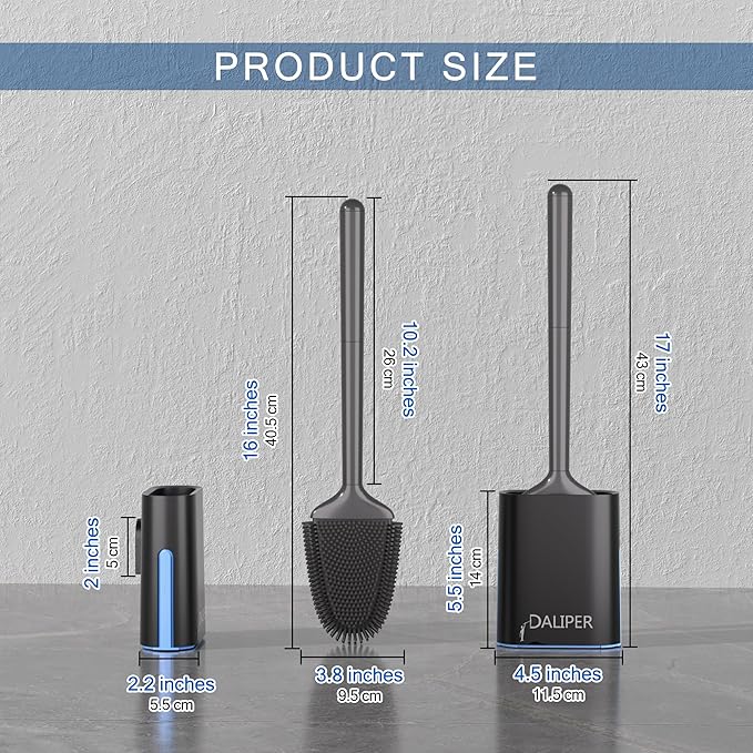 Toilet Brush and Holder Set - Flexible Silicone Toilet Bowl Scrubber Brush, Compact Bathroom Brush with Ventilation Base, Black