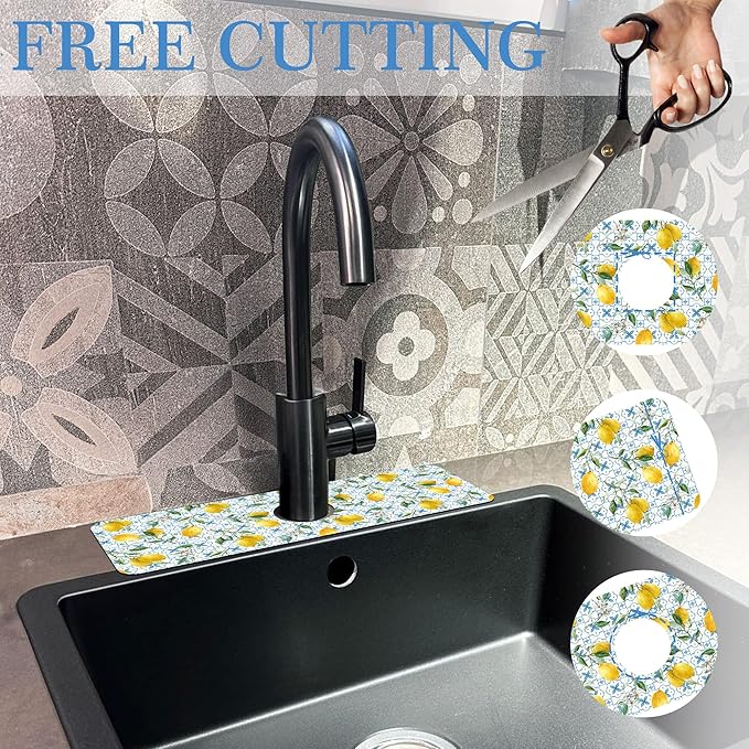 Faucet Mat for Kitchen Sink Sicilian Watercolor Lemon Blue Tile, Soft Diatom Mud Material, Strong Water Absorption, Non-slip, Easy to Clean for Bathroom, Kitchen 15"X5.5"