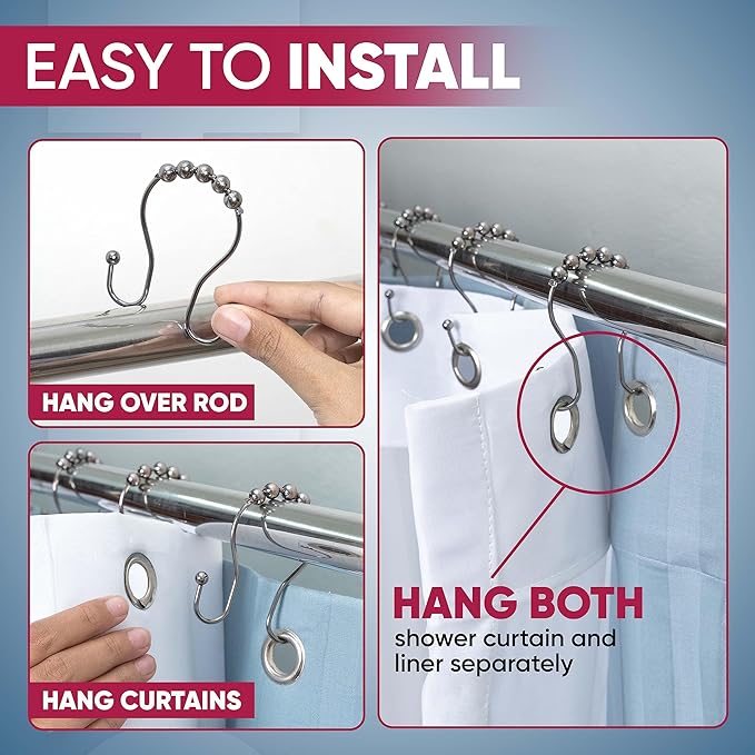 Shower Curtain Hooks Rust Proof (Set of 12) - Stainless Steel Shower Curtain Rings - Anti Slip Roller Balls for Easy Glide (Omega Double Hooks, Bronze)