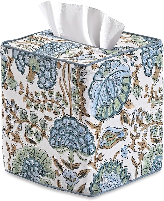 Ridhi Asparagus Green Block Print Tissue Box Cover Handmade Cotton Fabric Decorative Square Napkin Holder for Home Bedroom Living Room Bathroom Vanity Countertop Car Night Stands Office Kitchen