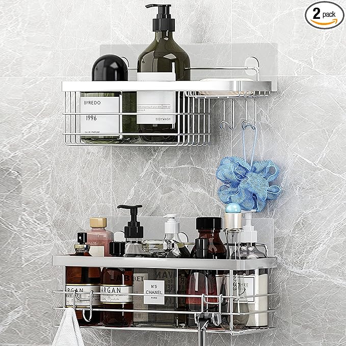 KESOL Shower Caddy and Soap Dish with Hooks Shower Shelf Organizer, No Drilling Adhesive Wall Mounted Bathroom Shelf, Rustproof SUS304 Stainless Steel (2 Pack), Silver