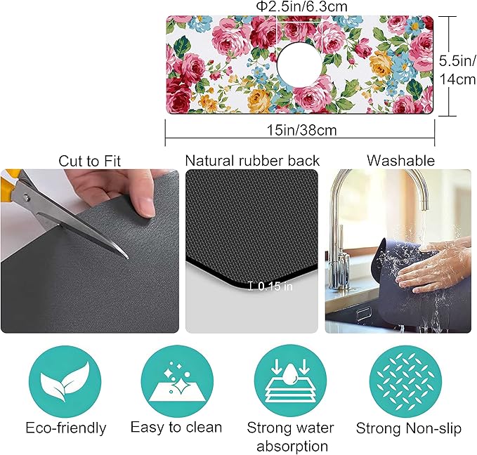 Kitchen Sink Splash Guard Faucet Mat Super Absorbent Fast Drying Mat Sink Gadgets Splash Guard Behind Faucet Drip Catcher for Kitchen (Pink Red Roses Floral, 15x5.5in)