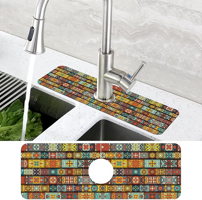 Vintage Mandala Floral Dish Drying Mat for Kitchen Sink Splash Guard Behind Faucet Sink Mat Absorbent Fast Drying Faucet Draining Mat for Bathroom Kitchen 5.5"×15"