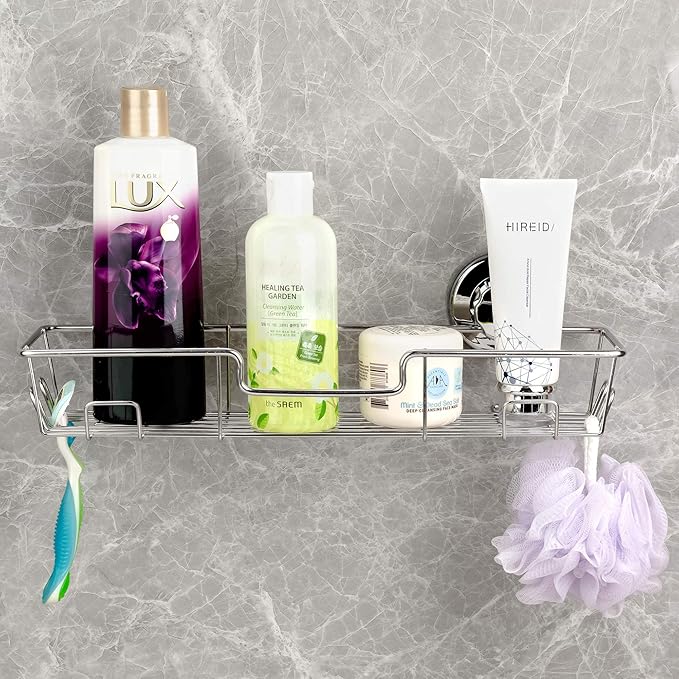iPEGTOP Strong Suction Cup Adhesive Shower Caddy Bath Shelf Storage with Hooks, Combo Organizer Basket for Shampoo, Conditioner, Soap, Razor Bathroom Accessories - Rustproof Stainless Steel