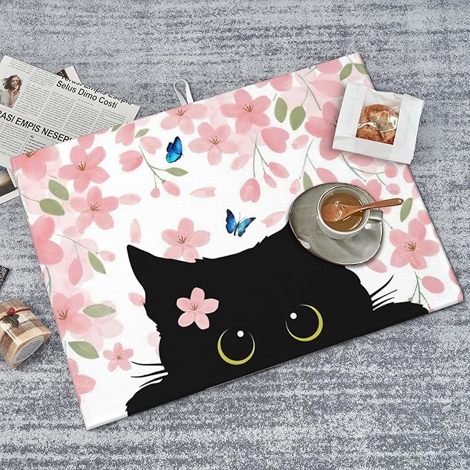 Flowers Black Cat Butterfly Dish Drying Mat for Kitchen Counter, 18"x24" Microfiber Absorbent Fast Dry Mat, 2Pcs Dish Mat Faucet Mats Sets, Large Drying Kitchen Mat Kitchen Drying Pad Coffee Bar Decor