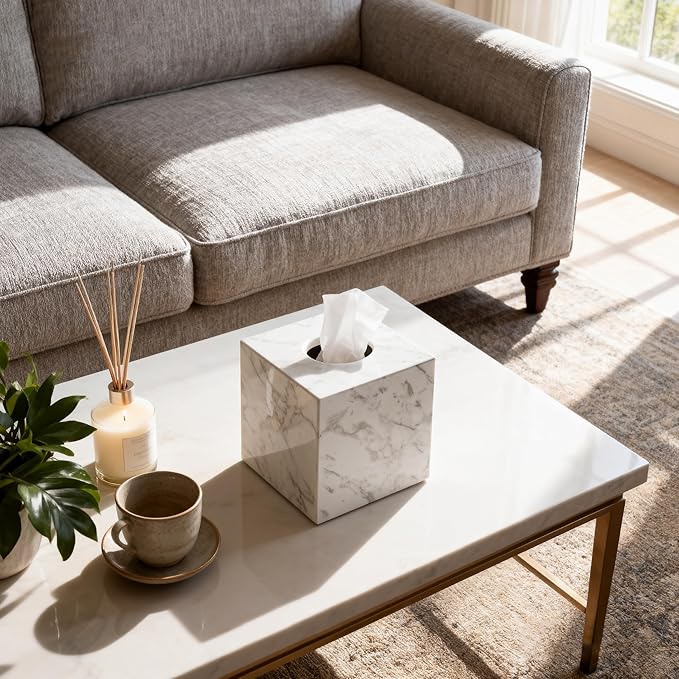 Natural Marble Tissue Box Holder Cover, Square Cube Tissue Box Holder with Open Bottom for Bathroom Vanity Tops, Bedroom Dressers, Kitchen Countertop, White Tissue Box(NS021)