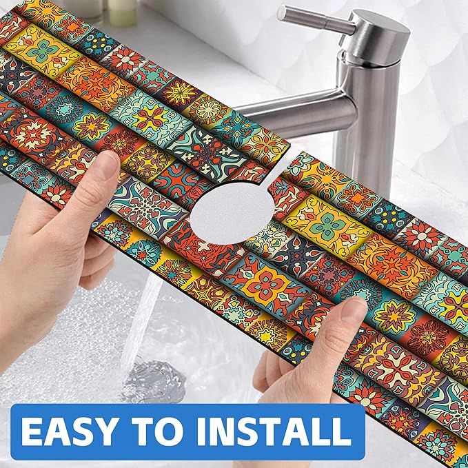 Vintage Mandala Floral Dish Drying Mat for Kitchen Sink Splash Guard Behind Faucet Sink Mat Absorbent Fast Drying Faucet Draining Mat for Bathroom Kitchen 5.5"×24"