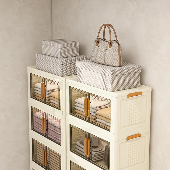 Plastic Stackable Storage Bins with Lids and Wheels, 358.4QT-89.6QT*4Tier Foldable Closet Organizers and Containers, Collapsible Clear Drawer Storage Cabinet with Doors Ivory White