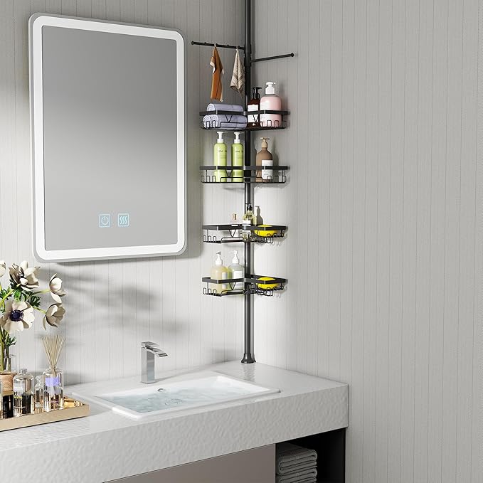Taozun Shower Caddy Organizer Tension Pole, Rustproof 2 Towel Bars and 4 Adjustable Shelves, 25-114.2 Inch No-Drill Quick Installation, Extra Soap Dish for Bathroom Storage Black